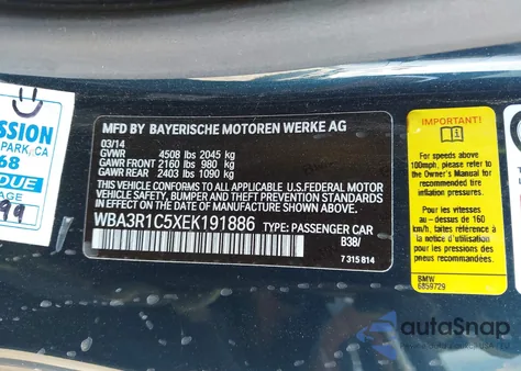 2014 BMW 435I from USA, damaged, VIN WBA3R1C5XEK191886